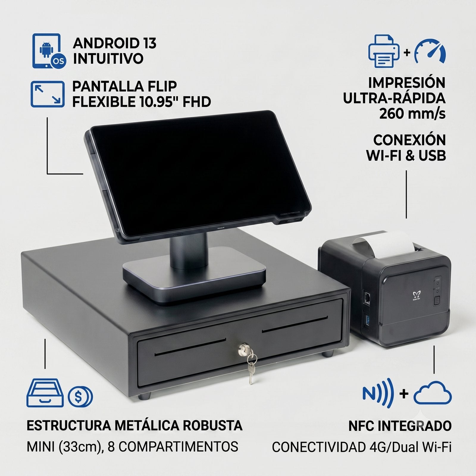 Especificaciones del Pack Nova: Android 13, pantalla flip 10.95'' FHD, impresora 260mm/s y cajón NFC