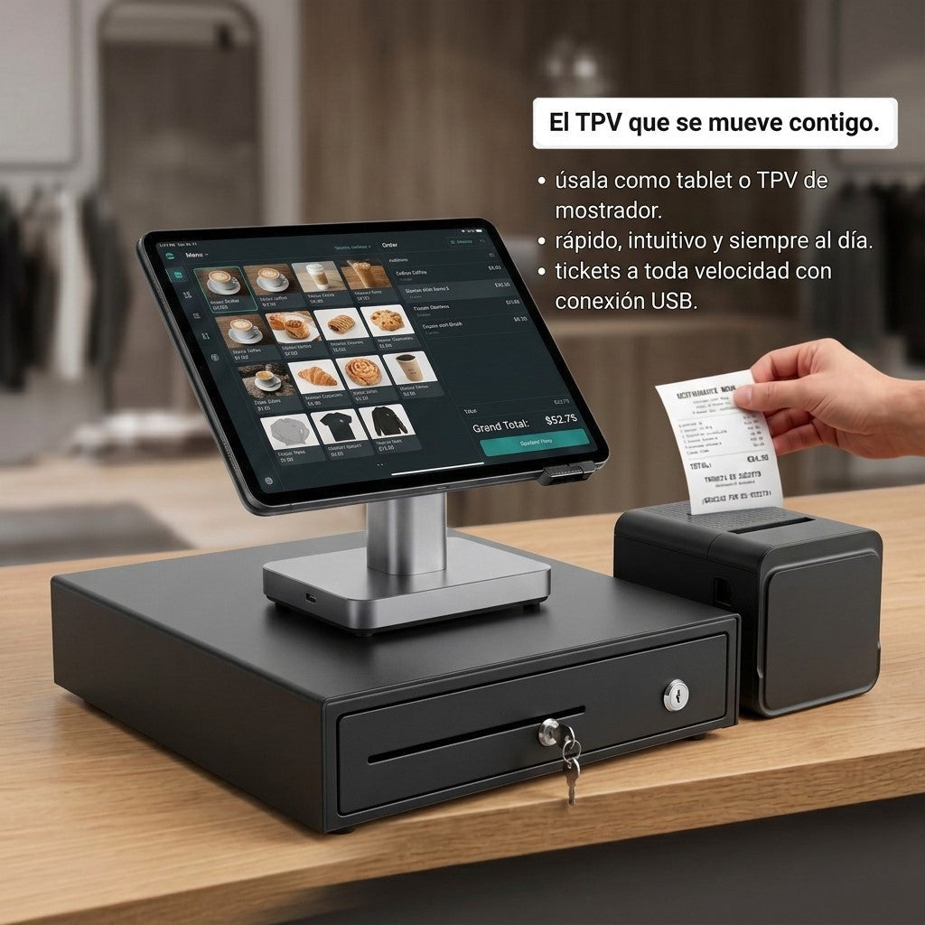 Pack Nova en mostrador: TPV Android 13, impresora Marte 260 imprimiendo ticket por USB