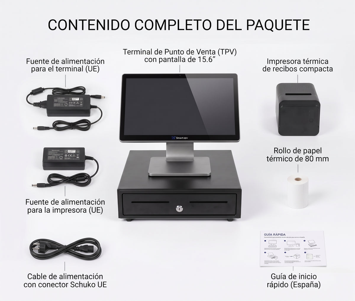 Componentes del Pack Orión Android 15,6": TPV, impresora Marte 260 y cajón portamonedas