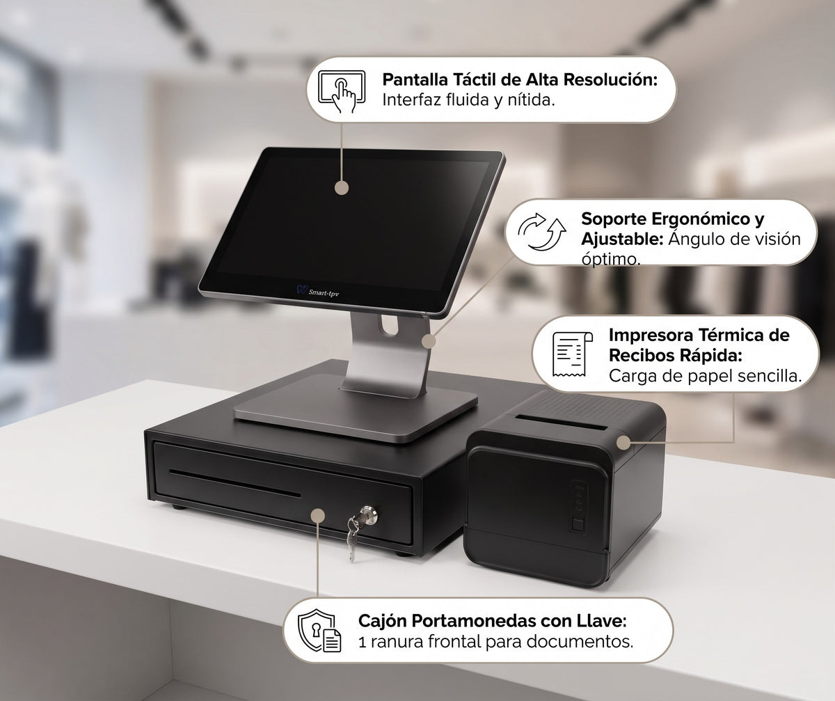 Componentes del Pack Orión Mini Android: TPV, impresora Marte 260 y cajón portamonedas