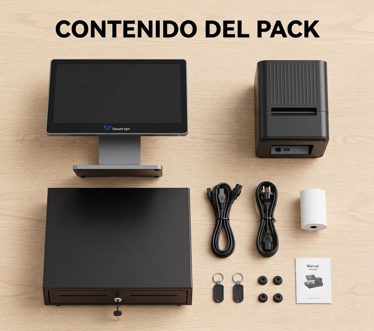 Contenido de la caja del Pack Orión Mini Android: TPV, impresora y cajón