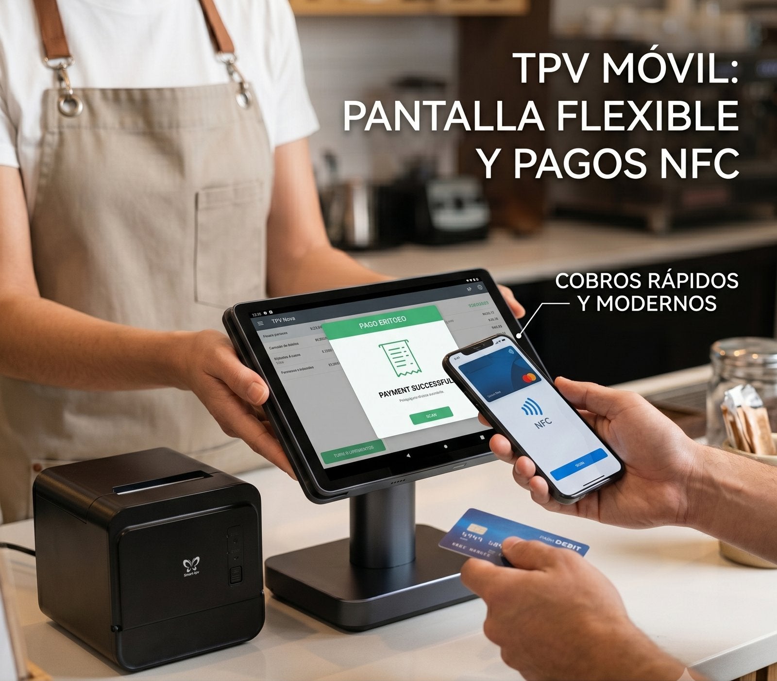 TPV Nova con pantalla flexible y pago por NFC en cafetería